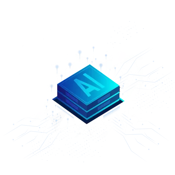 Artificial intelligence processor chip with neural network connections on blue technological background