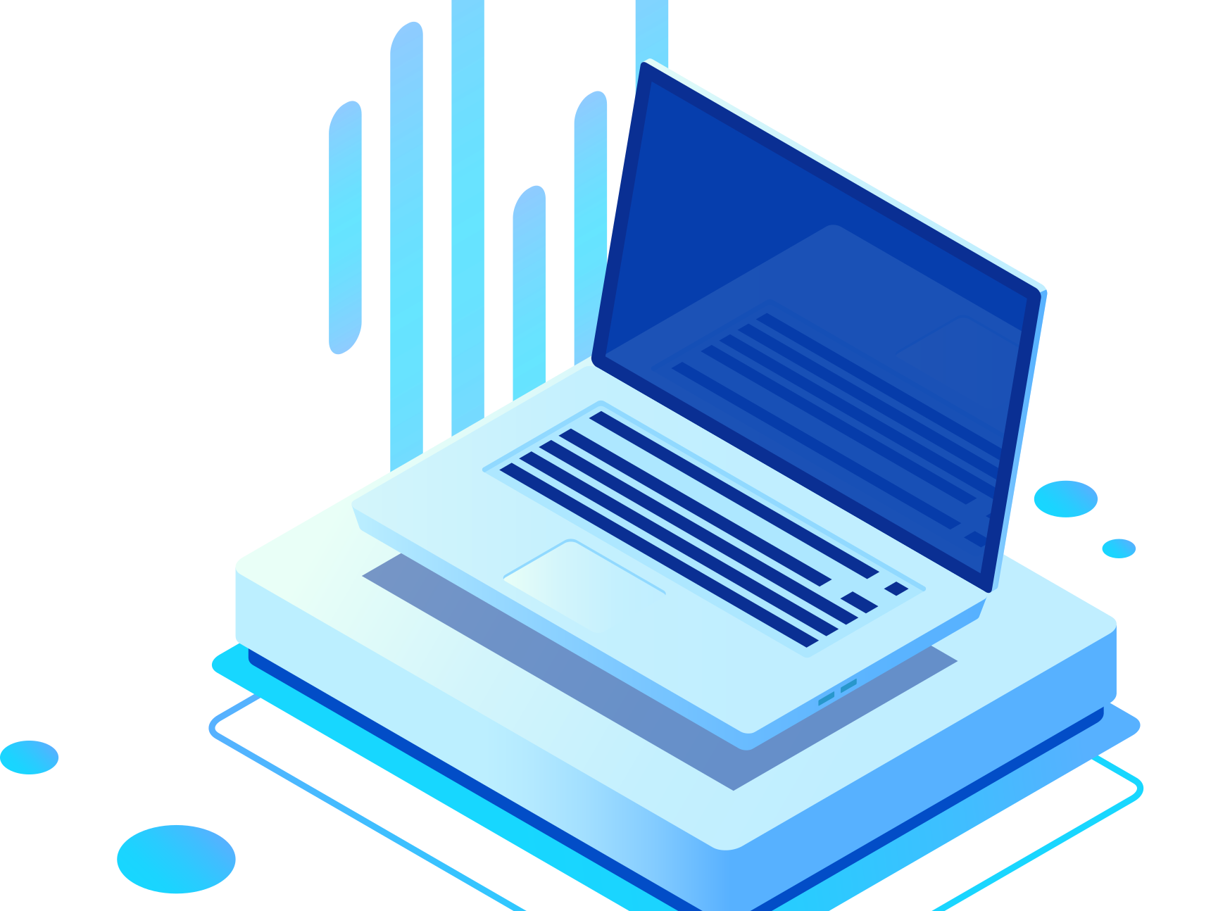 Cloud computing laptop illustration with data analytics visualization in isometric style