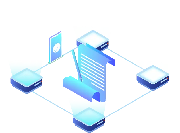 Blockchain network visualization with distributed ledger document and connected nodes in isometric design