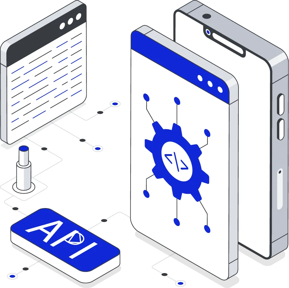 Blockchain API development with a smartphone and connected web interface, representing seamless data integration.