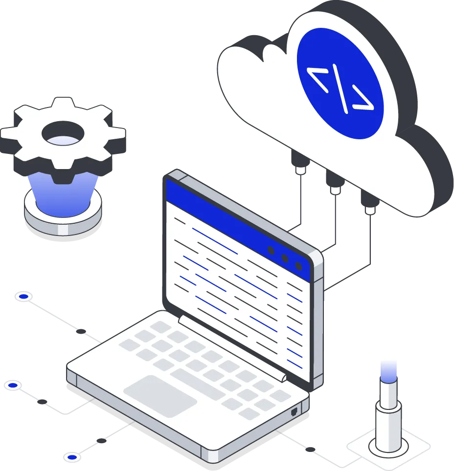 API development showing a laptop linked to a cloud with code, representing efficient data integration and seamless connectivity.