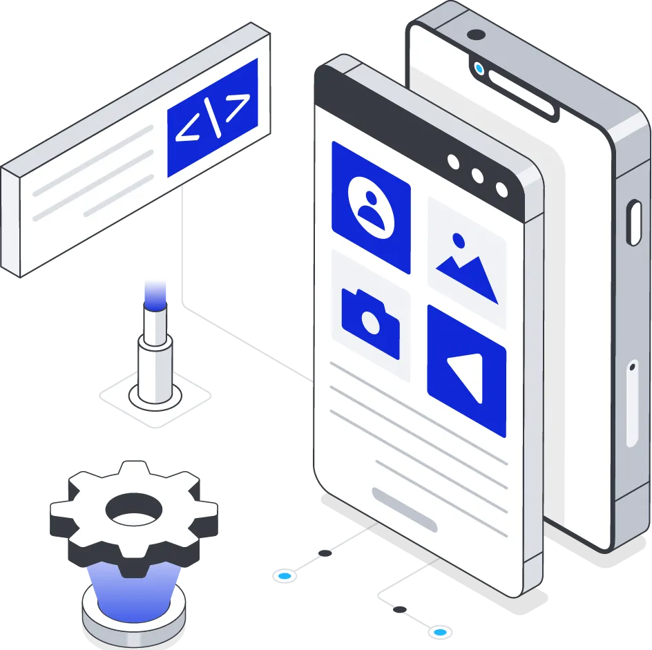 Native mobile app development with a smartphone displaying UI elements, emphasizing tailored solutions for specific platforms.