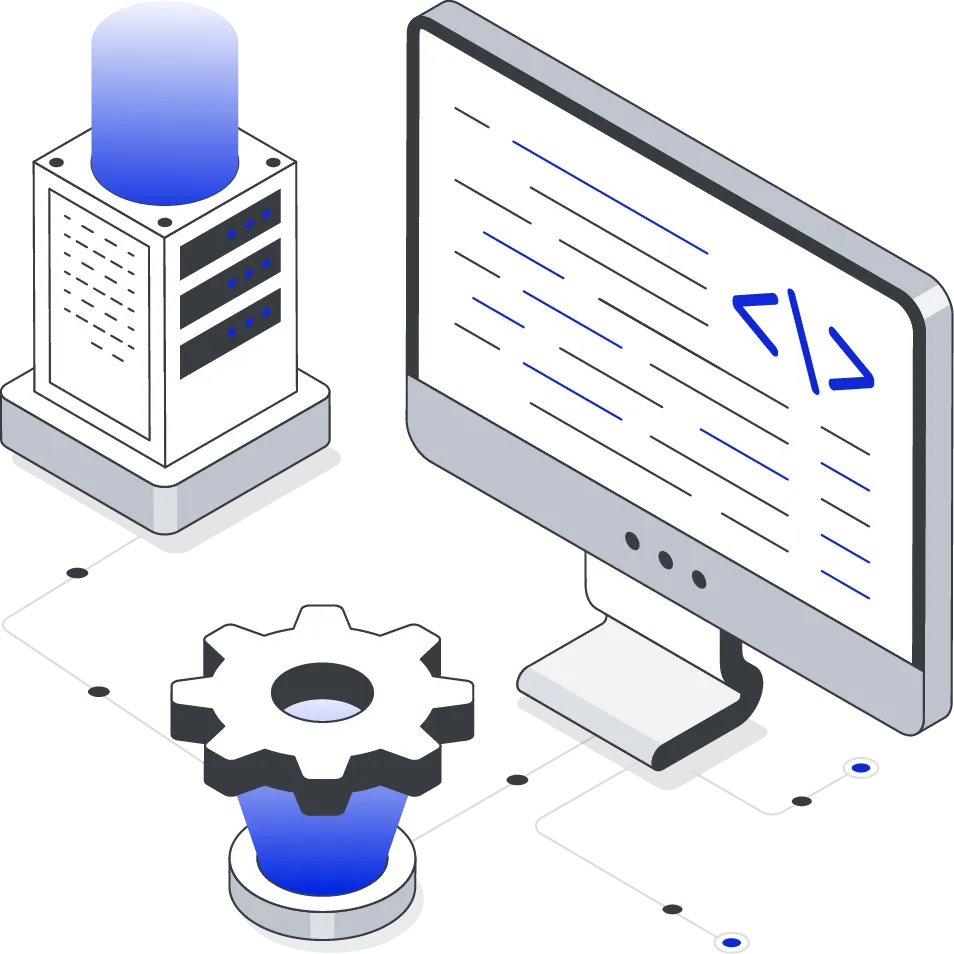 Web application development showing a desktop screen, code, and server icon representing web-based software solutions.