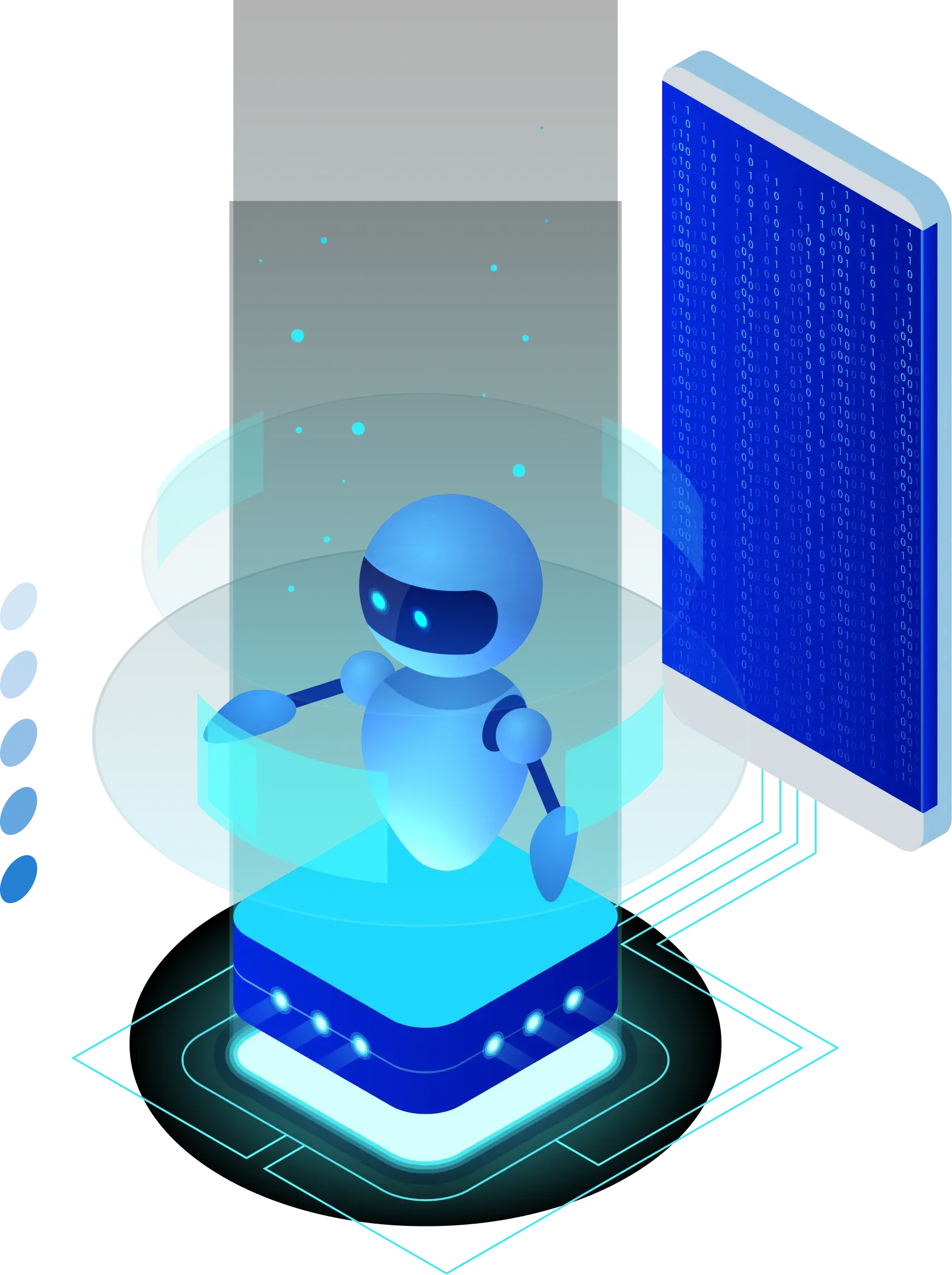 AI chatbot digital assistant with mobile device and binary code visualization in isometric style