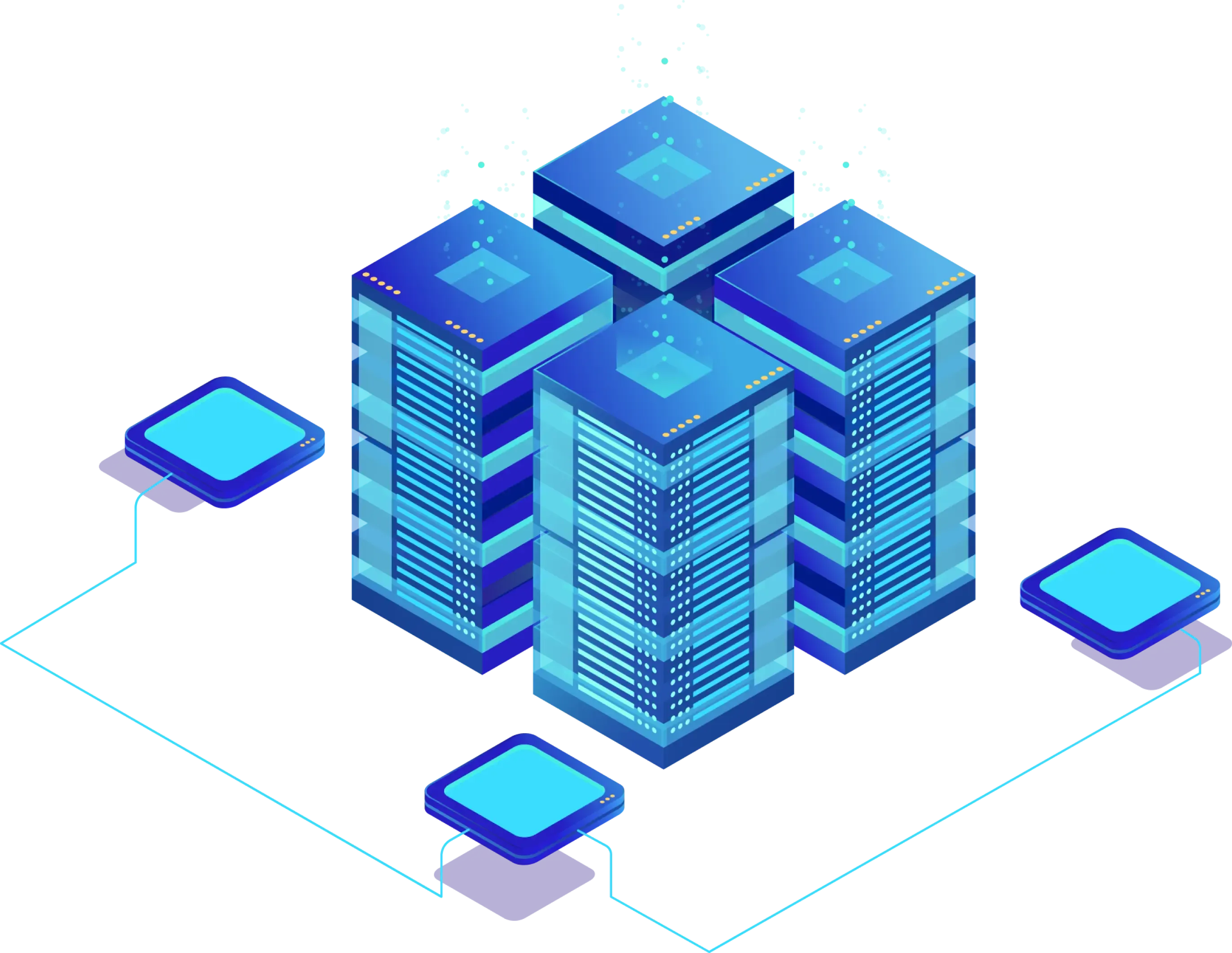 Data center servers and cloud infrastructure with network connections in isometric design