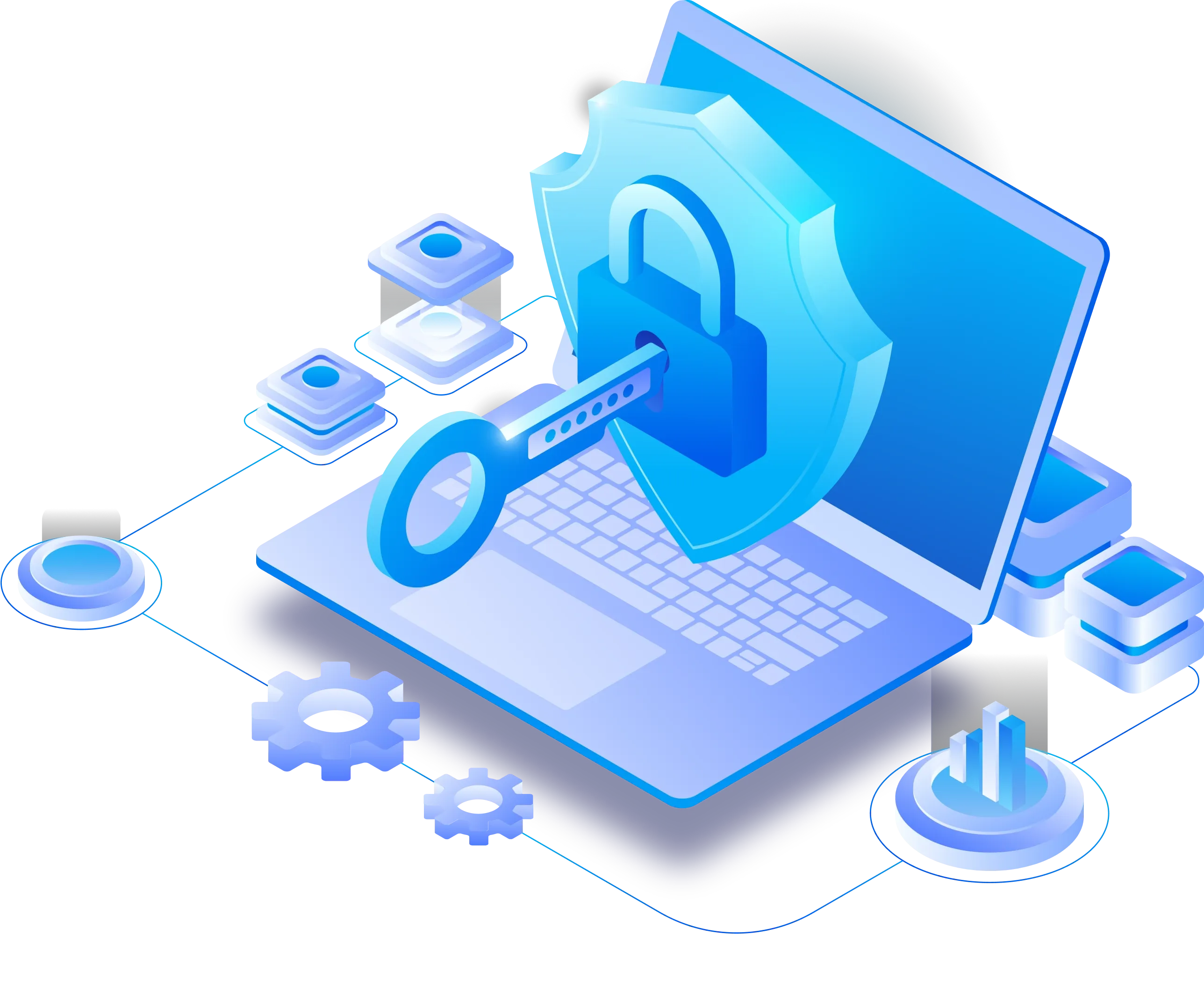 Cybersecurity concept illustration with laptop, lock, key and security settings in isometric style