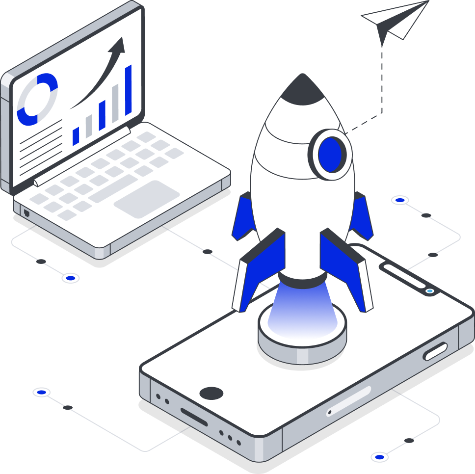 A rocket launching from a smartphone with a laptop displaying analytics, symbolizing innovation, mobile technology, and business growth.