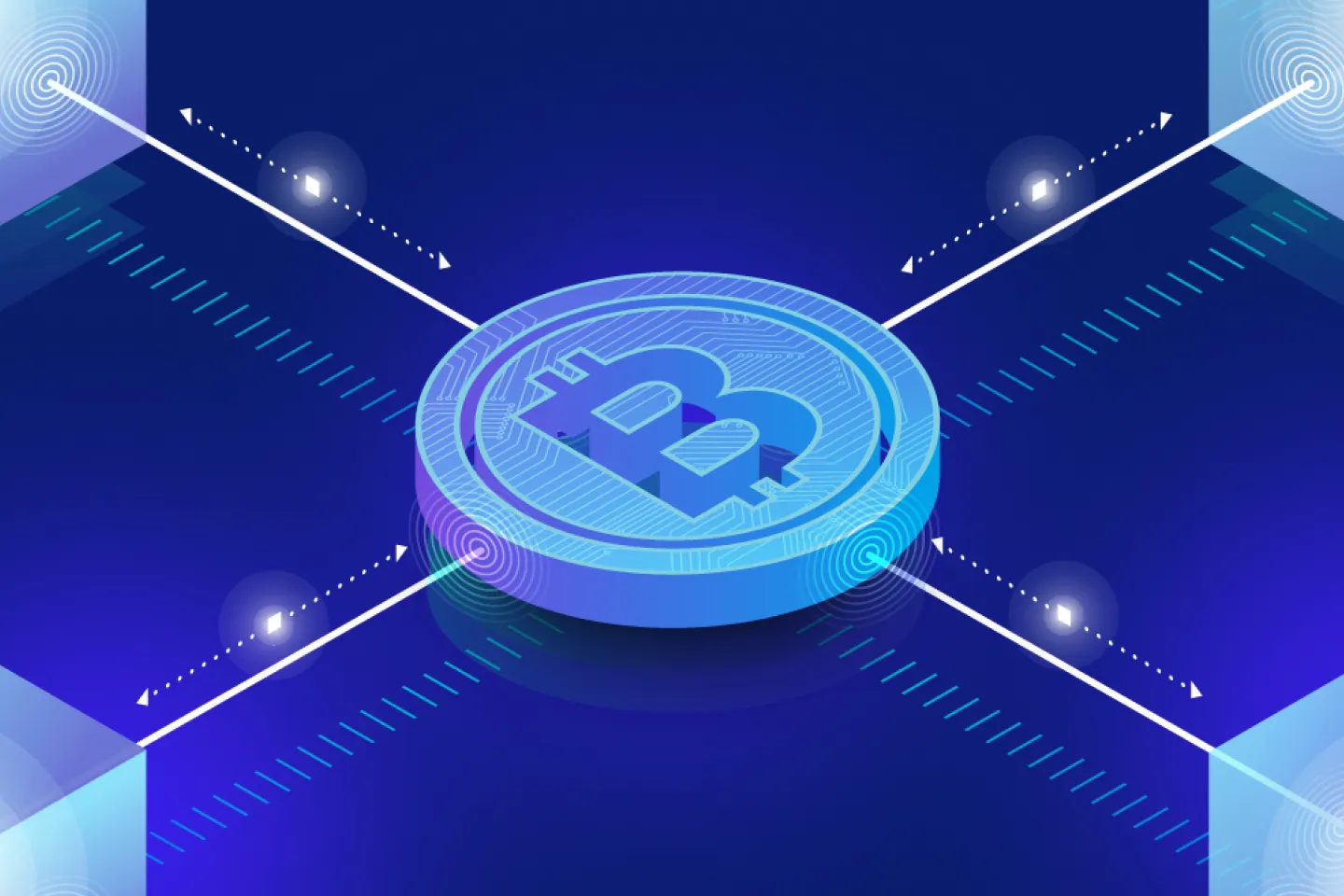 Bitcoin coin with data connections representing different types of blockchain used for secure and decentralized transactions.