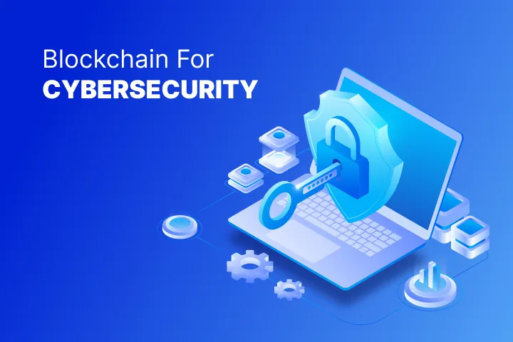 Blockchain cybersecurity featuring a secure laptop with a shield and key, representing data protection and encryption.