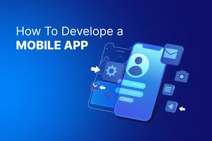 App development stages and process with mobile interface design and icons, representing key steps in building a mobile app.