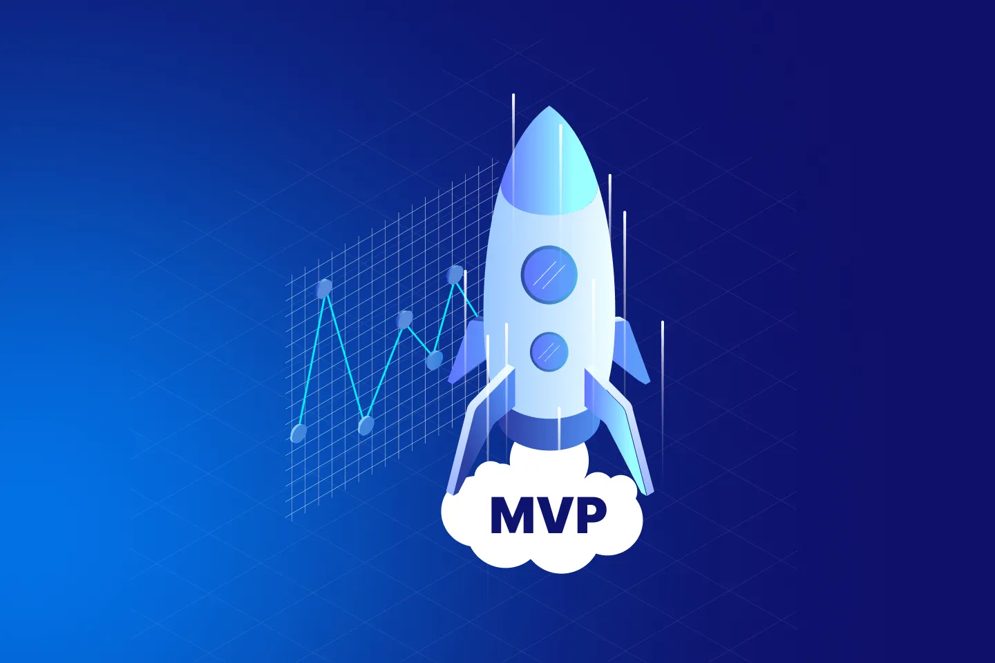 MVP software development concept with a rocket launch symbolizing the rapid deployment of a minimum viable product.