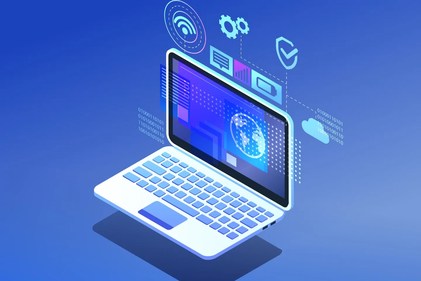 AI in software testing and AI software test automation with a laptop featuring digital elements on a blue background.