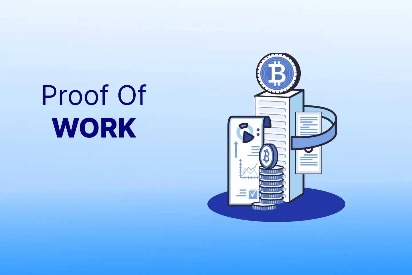 Proof of Work concept with Bitcoin stacks, blockchain documents, and a mobile device, representing cryptocurrency mining.