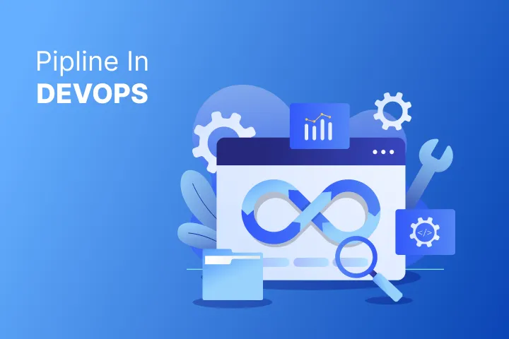 DevOps pipeline with an infinity symbol on a screen, gears, and tools representing automation and continuous integration.