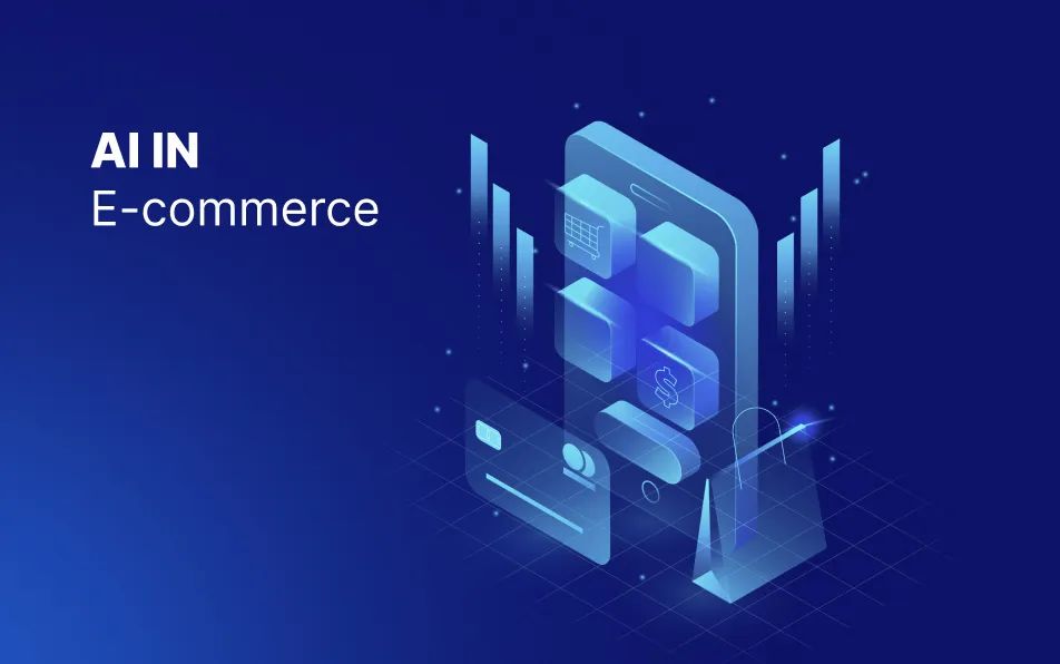 AI in E-commerce concept with a smartphone showing shopping icons, financial symbols and analytics on a blue background