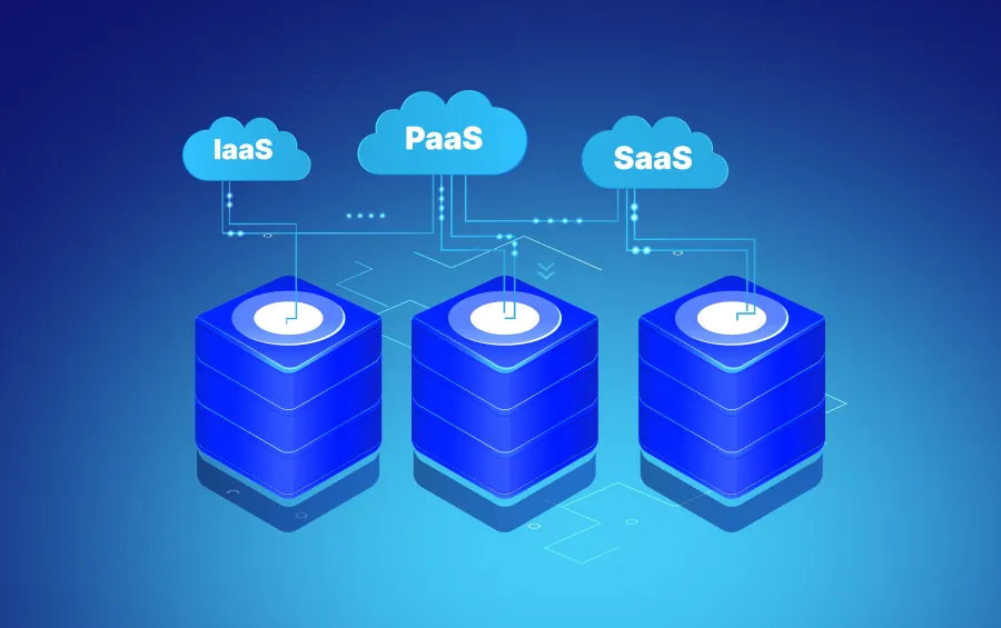 Illustration of cloud computing models: IaaS, PaaS, and SaaS connected to servers.