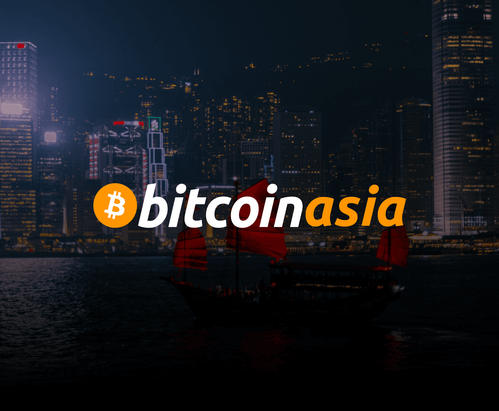 Bitcoin Asia logo displayed over a nighttime cityscape with illuminated skyscrapers and a traditional Asian junk boat with red sails.