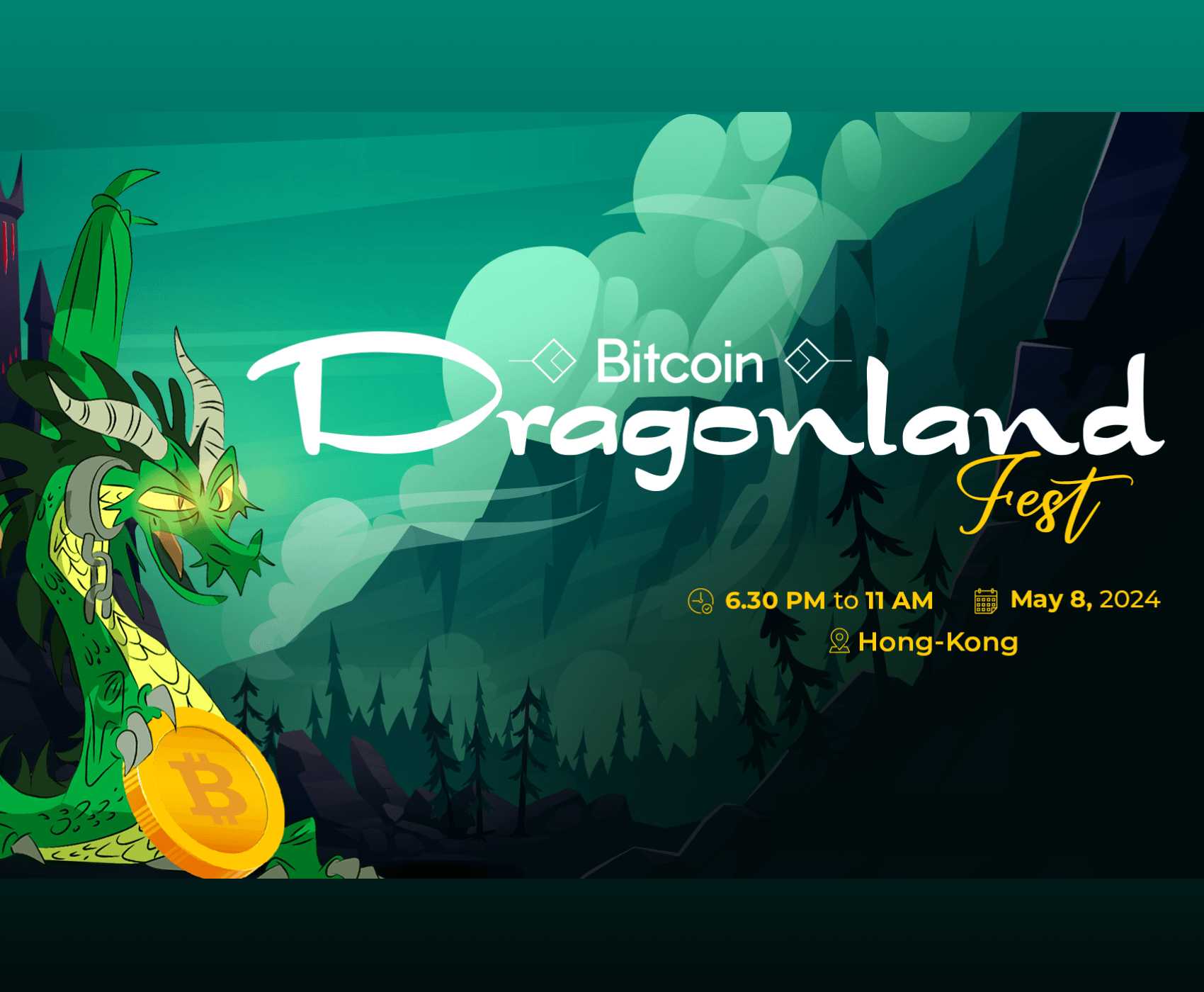 Bitcoin Dragonland Fest 2024 event in Hong Kong featuring a fantasy dragon holding a Bitcoin coin, exploring blockchain innovations.