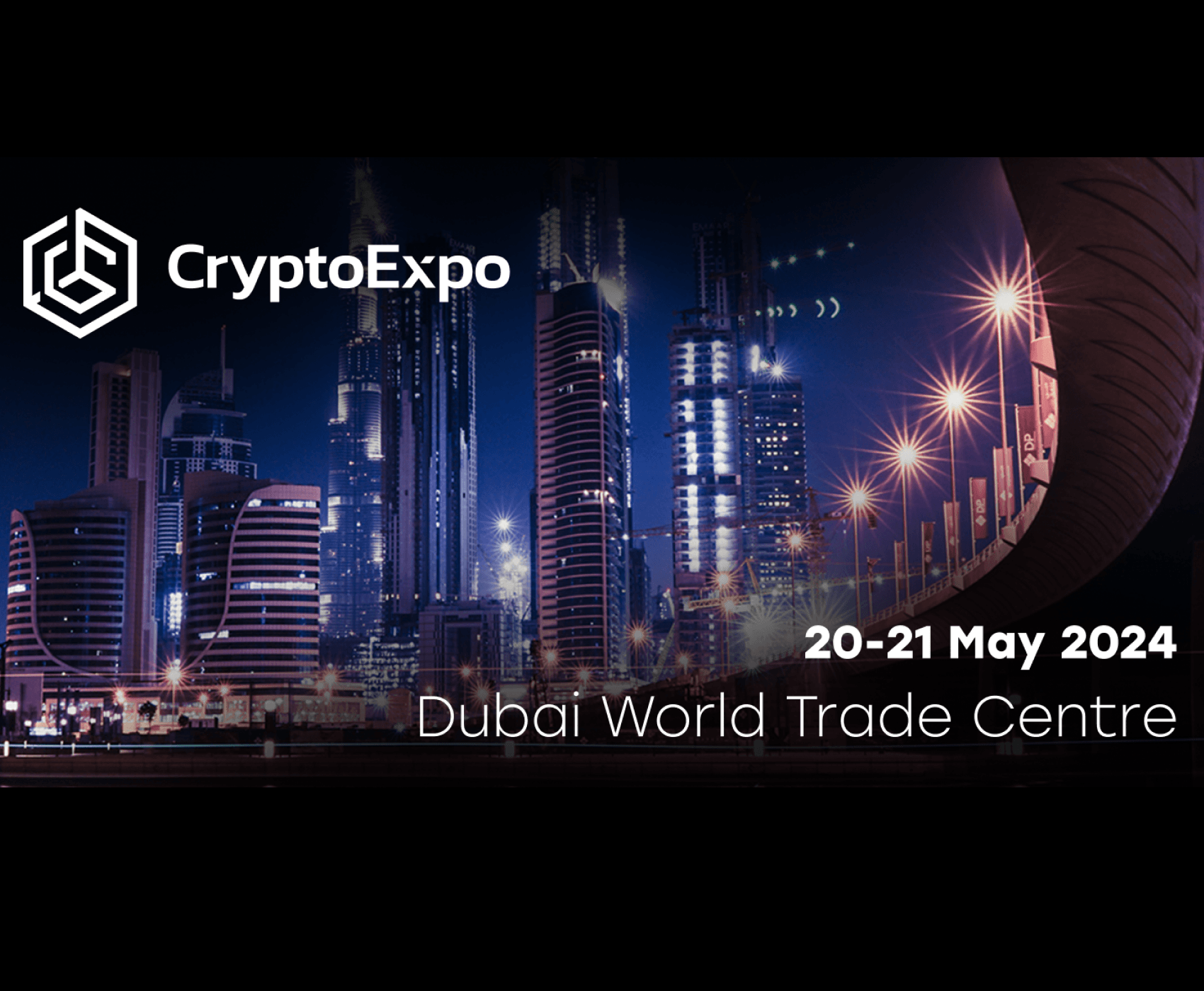 Crypto Expo Dubai 2024 event banner with a futuristic Dubai skyline at night, highlighting event dates and venue details.