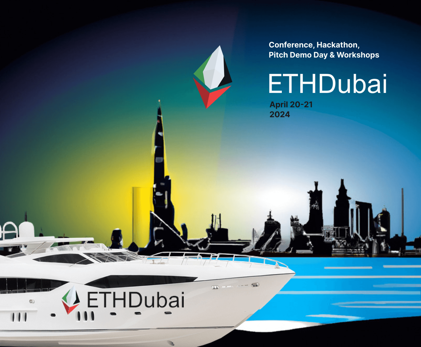 ETHDubai 2024 – Ethereum-focused event with a yacht, Dubai skyline, and event details for April 20-21, featuring DeFi and dApps.