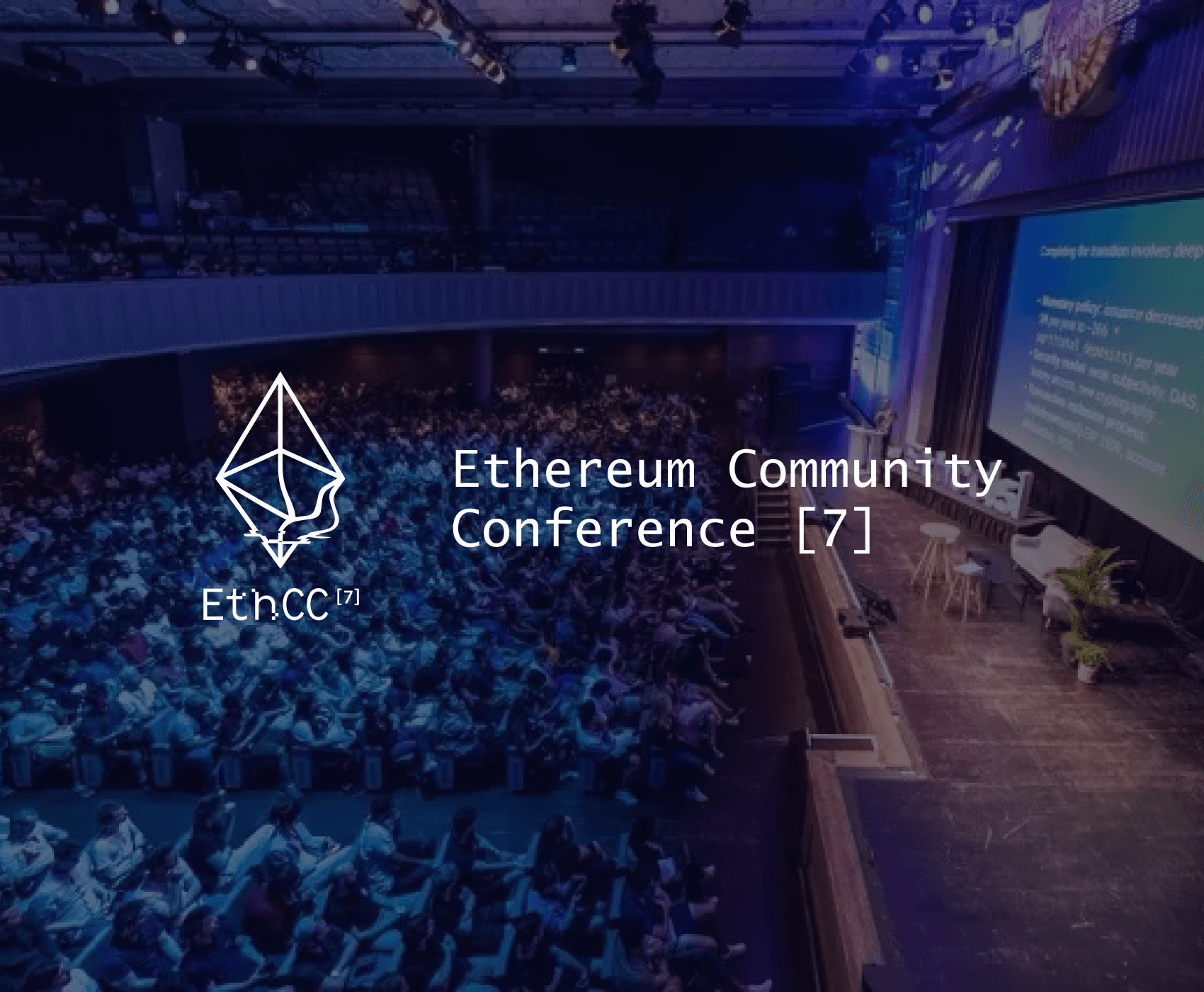 EthCC[7] Ethereum Community Conference 2024 with a large audience in a theater setting and a speaker on stage presenting.
