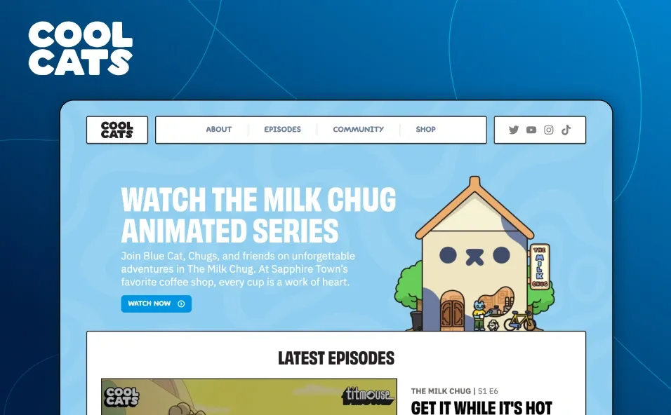 Cool Cats NFT gaming website featuring The Milk Chug animated series with Blue Cat and friends at a cat-themed coffee shop.