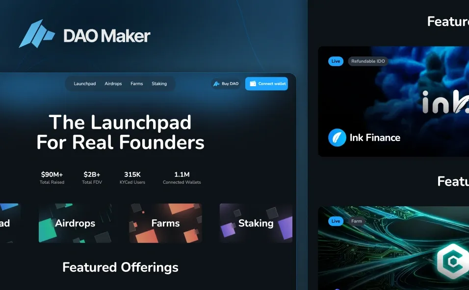 DAO Maker platform showcasing crypto launchpad features, including airdrops, farming, staking, and fundraising statistics.