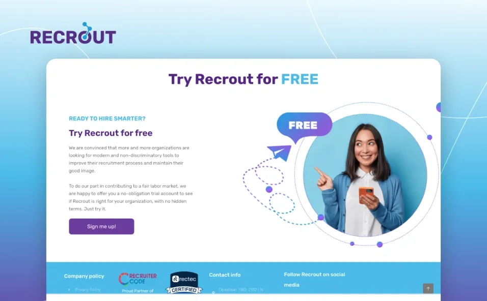 Recrout platform with a modern blue and white theme, offering AI-driven recruitment solutions, free trial signup, and smart hiring tools.