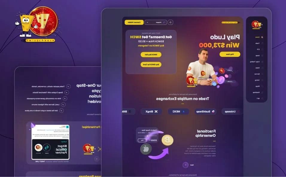 SwissCheese platform UI with a dark theme, featuring crypto trading, gaming rewards, and a mascot promoting blockchain-based exchanges.