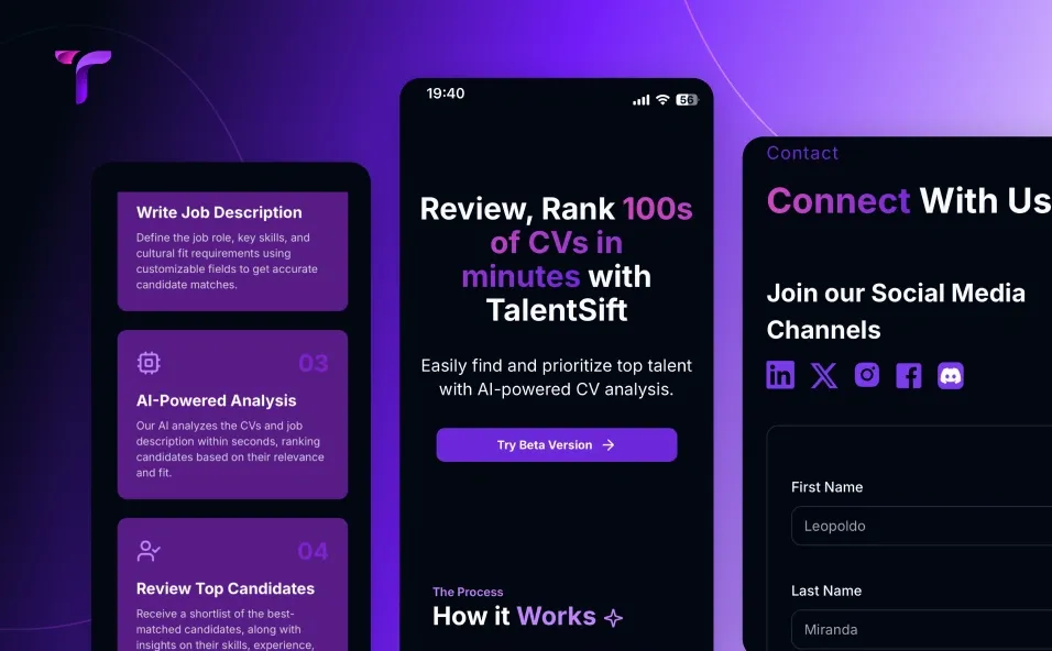 TalentSift platform with a dark purple theme, featuring AI-powered CV analysis, job description writing, candidate ranking, and social media links.