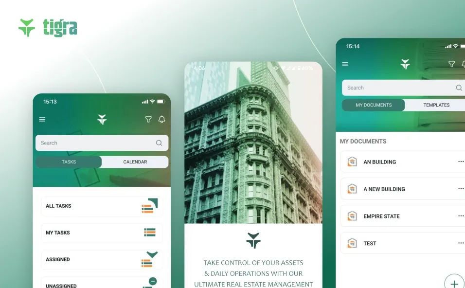 Tigra Property Management Mobile App interface displaying task management, document organization, and asset tracking features.