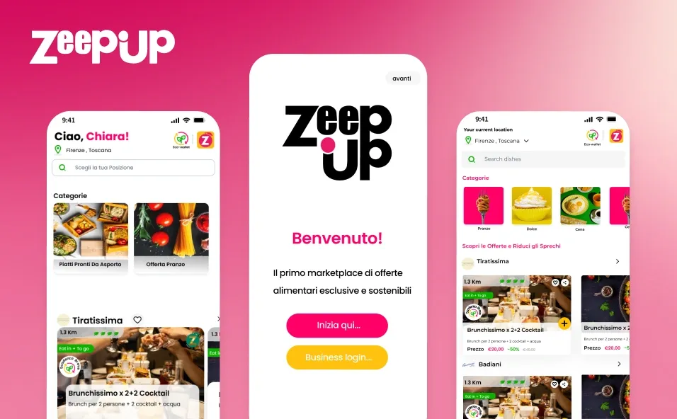 Zeepup app UI with a pink theme, showcasing food deals, categories, and location-based offers for sustainable dining.