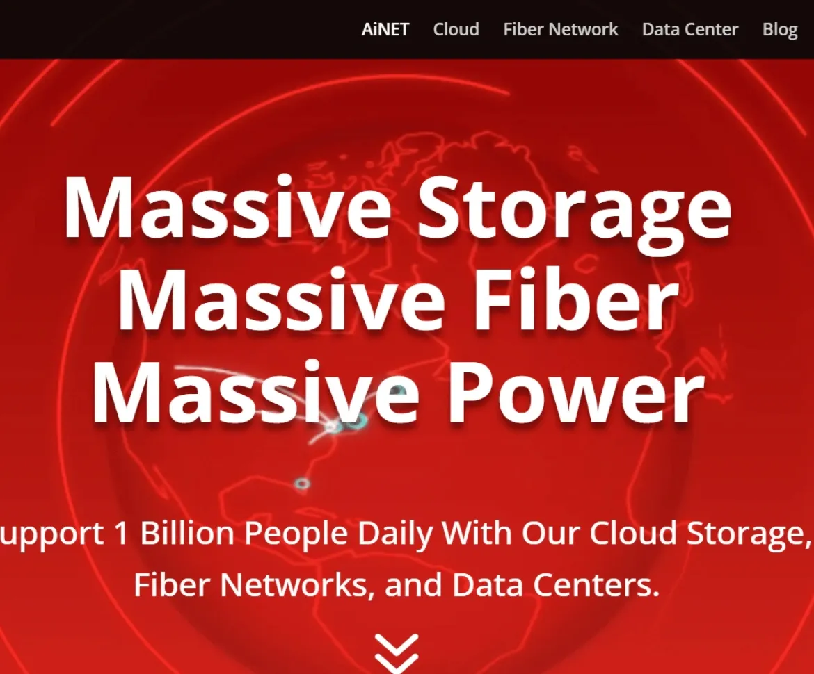 AI Net website banner highlighting massive storage, fiber, and power, supporting 1 billion people daily with cloud and data services.