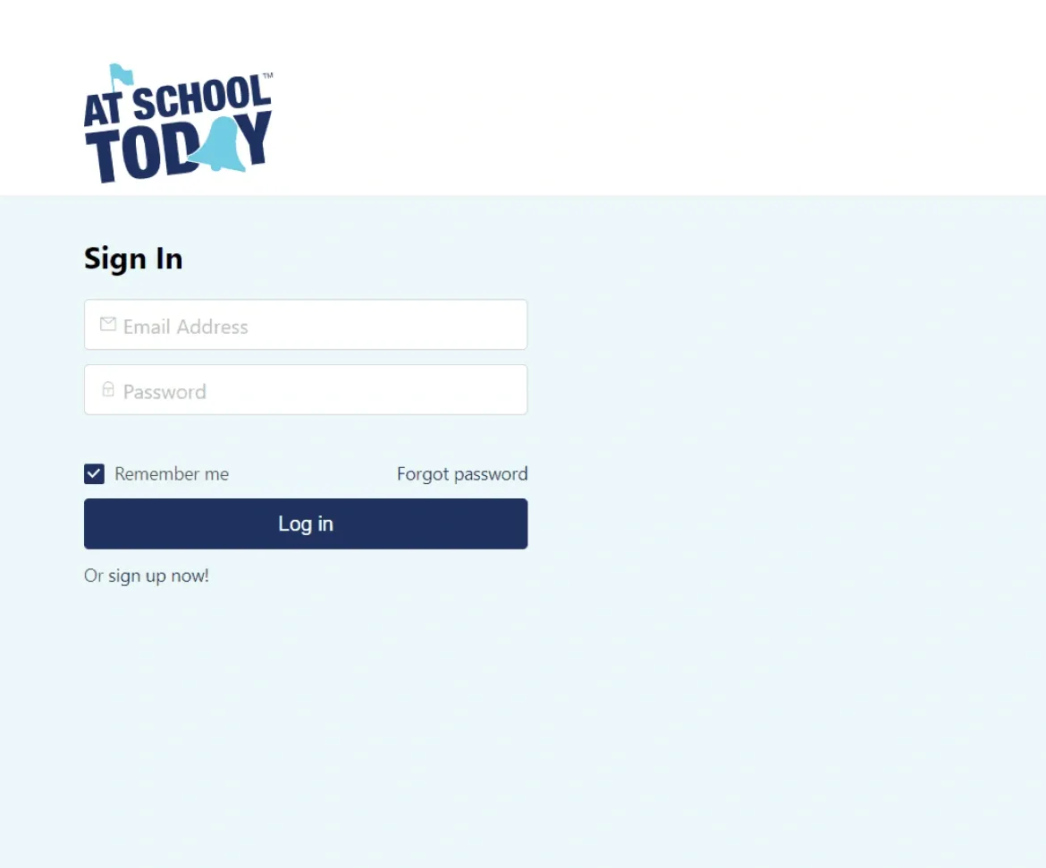 At School Today login page with email and password fields, remember me option, and sign-up or password recovery links.