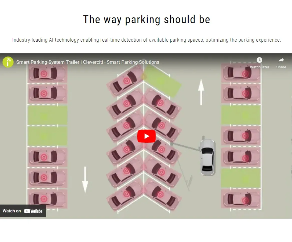 Cleverciti smart parking solutions displaying an AI-powered system that detects available parking spaces in a lot with directional guidance, optimizing space usage and traffic flow in real time.