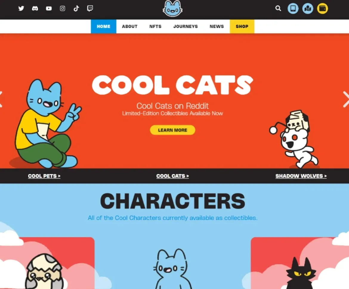 Cool Cats NFT gaming website showcasing limited-edition collectibles, featuring Blue Cat and friends with a fun, colorful design.