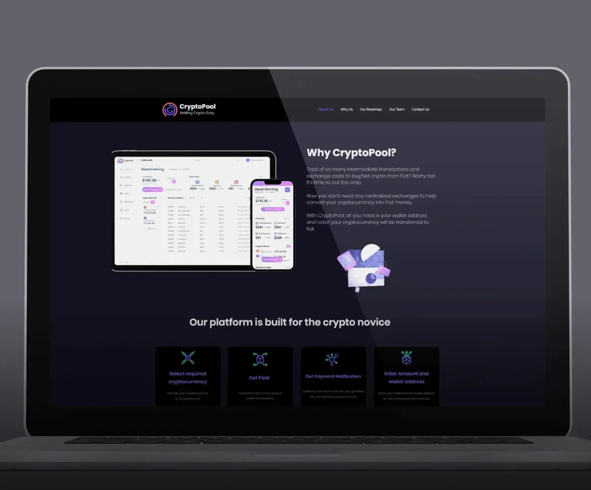 CryptoPool app On-off Ramp solution displayed on a laptop screen, showcasing an intuitive interface for seamless crypto-to-fiat transactions.