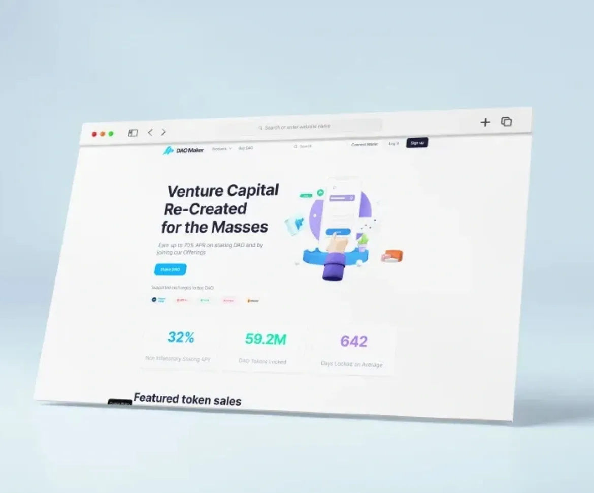 DAO Maker website displaying venture capital solutions for the masses with staking options and token sale statistics.