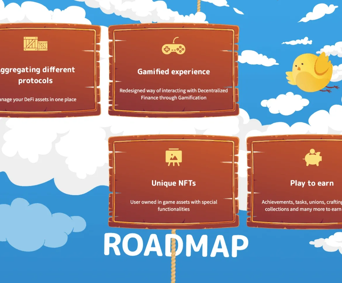 Defiland roadmap with wooden signboards detailing features like DeFi protocol aggregation, gamification, unique NFTs, and play-to-earn.