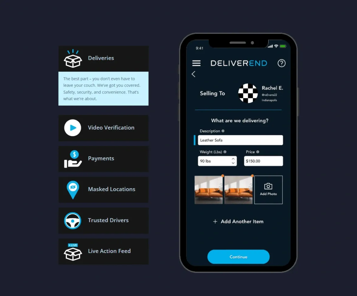 DeliverEnd app interface showing a delivery transaction with item details, secure features, and a user-friendly design.