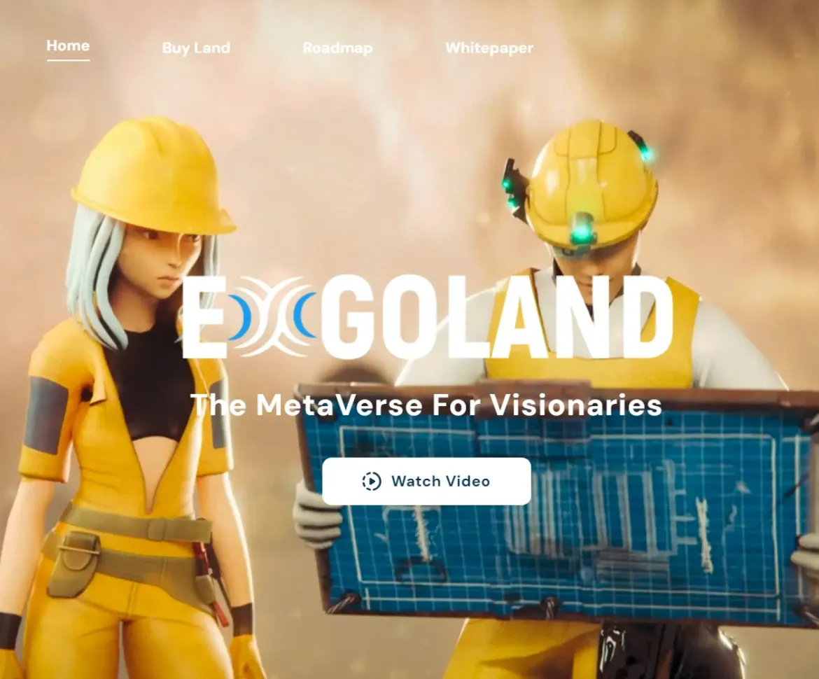 Exgoland Metaverse development solutions displayed on a digital interface, featuring virtual world creation for visionaries with AI integration.