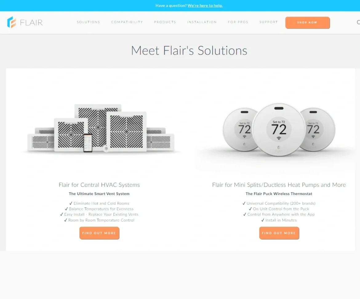 Flair smart vent system and wireless thermostat solutions for HVAC and mini-split systems with temperature control features.