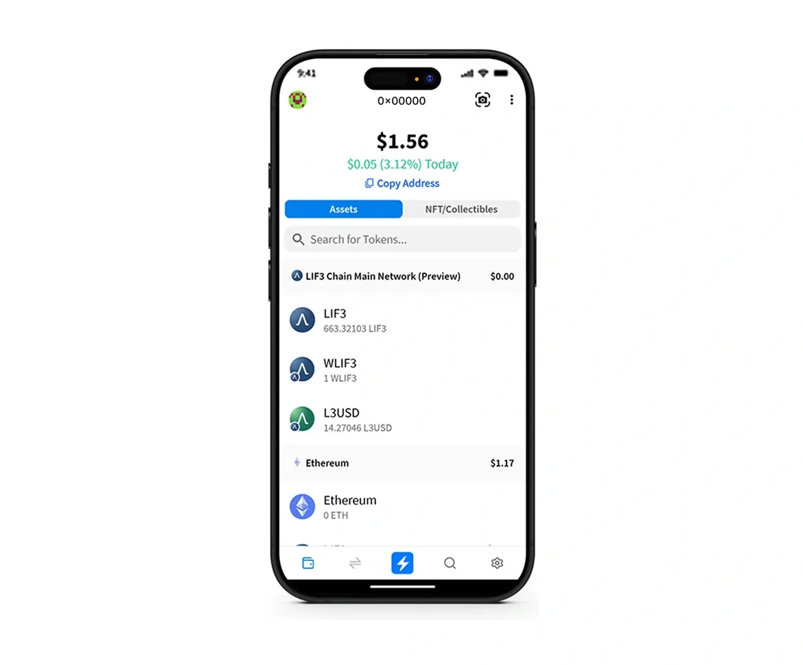 Lif3 DeFi wallet app interface displaying cryptocurrency balances, token search, and transaction tracking on mobile.