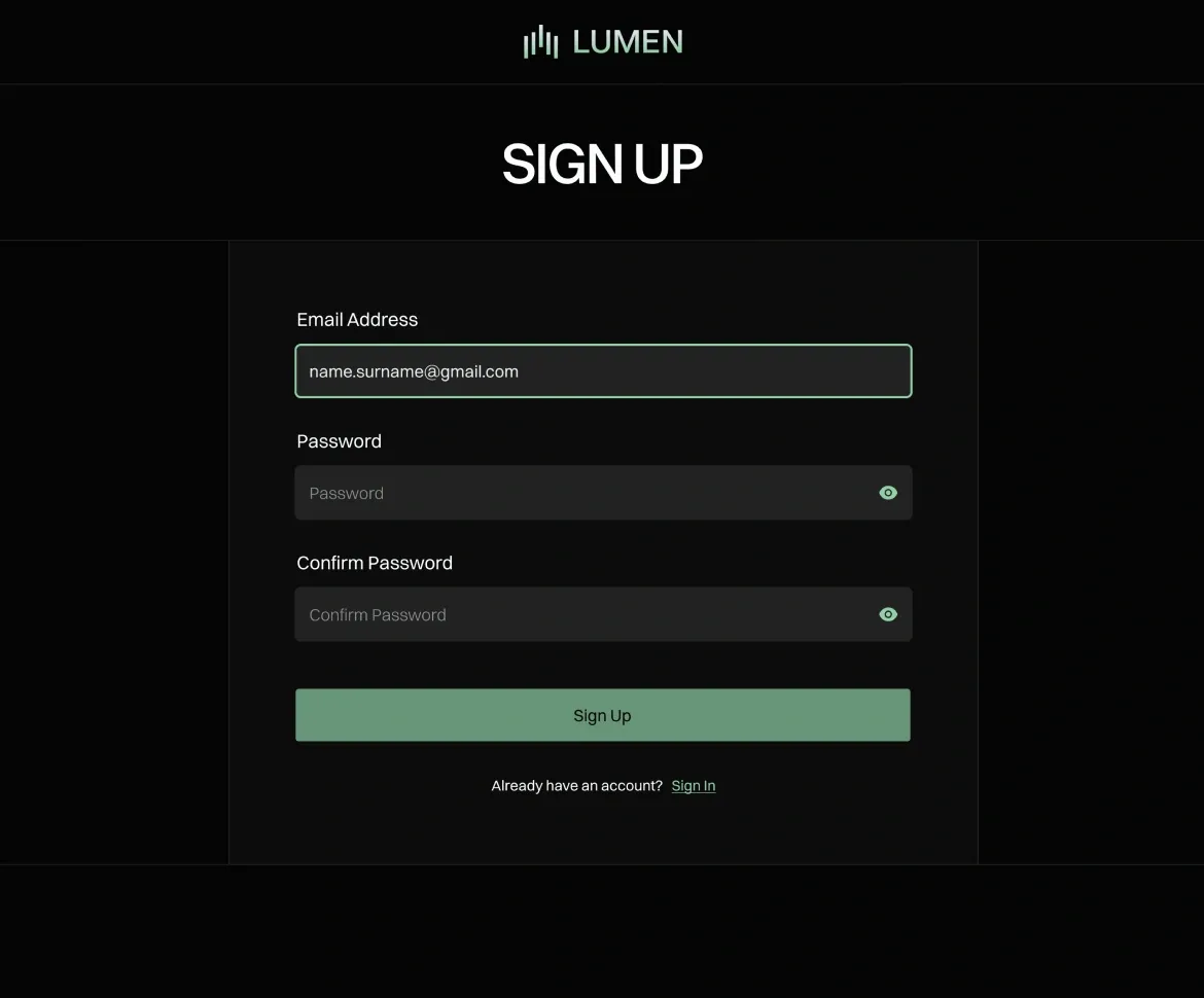 Lumen sign-up page with email, password, and confirm password fields, featuring a dark-themed interface with a green sign-up button.