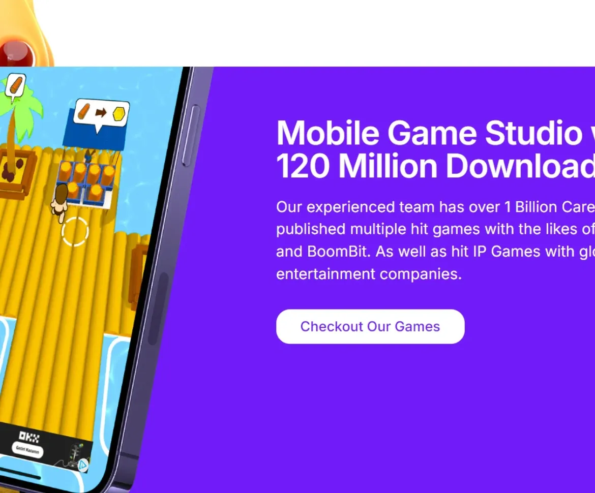 playember mobile game studio with 120M+ downloads, showcasing hit games on a smartphone screen with a focus on global brand partnerships.