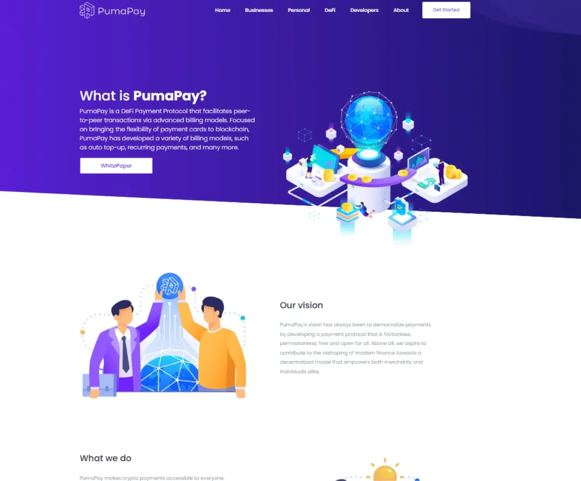 PumaPay blockchain payment system homepage highlighting DeFi solutions, peer-to-peer transactions, and flexible billing models.