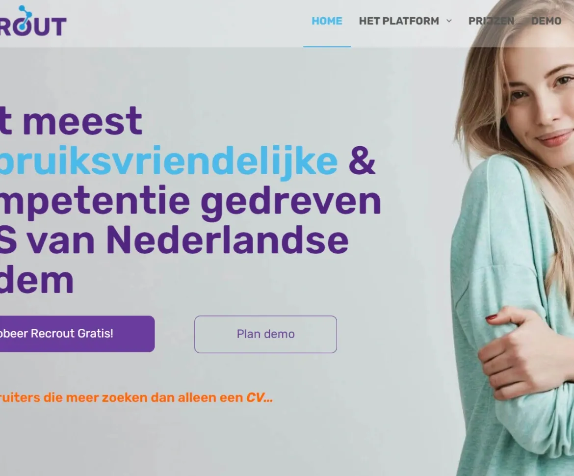 Recrout homepage featuring a Dutch recruitment platform with a user-friendly and competency-driven ATS, offering free trials and demos.