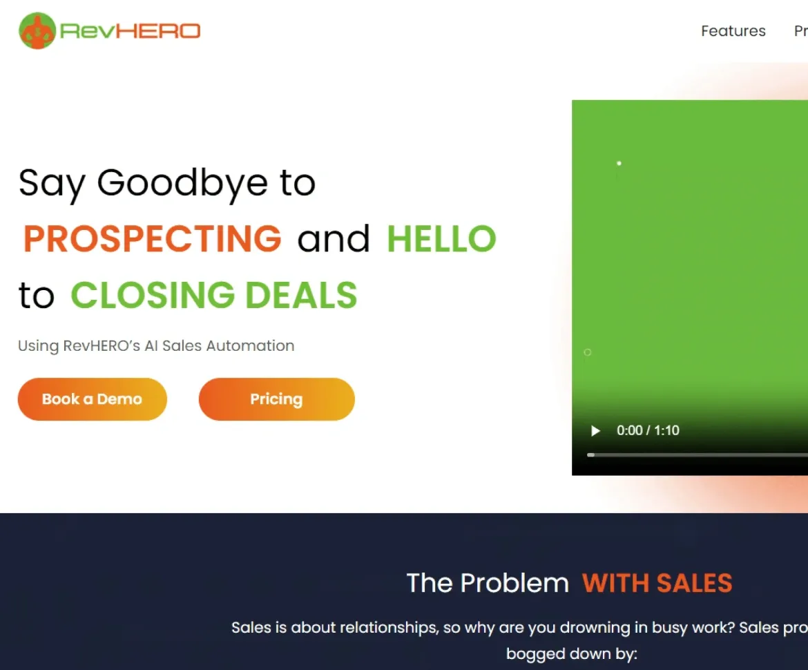 RevHero AI sales automation tools for prospecting and closing deals with demo and pricing options