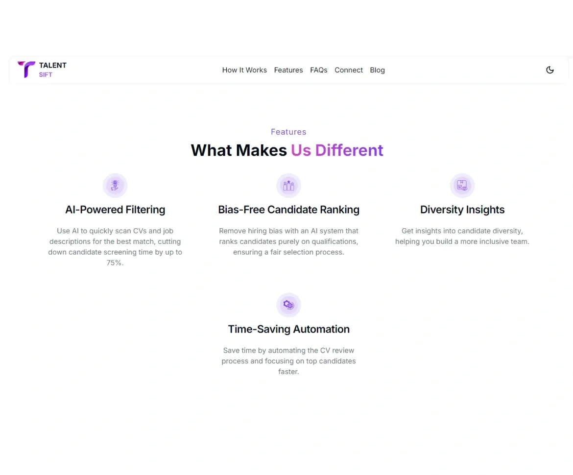 TalentSift webpage highlighting AI-powered filtering, bias-free candidate ranking, diversity insights, and time-saving automation.