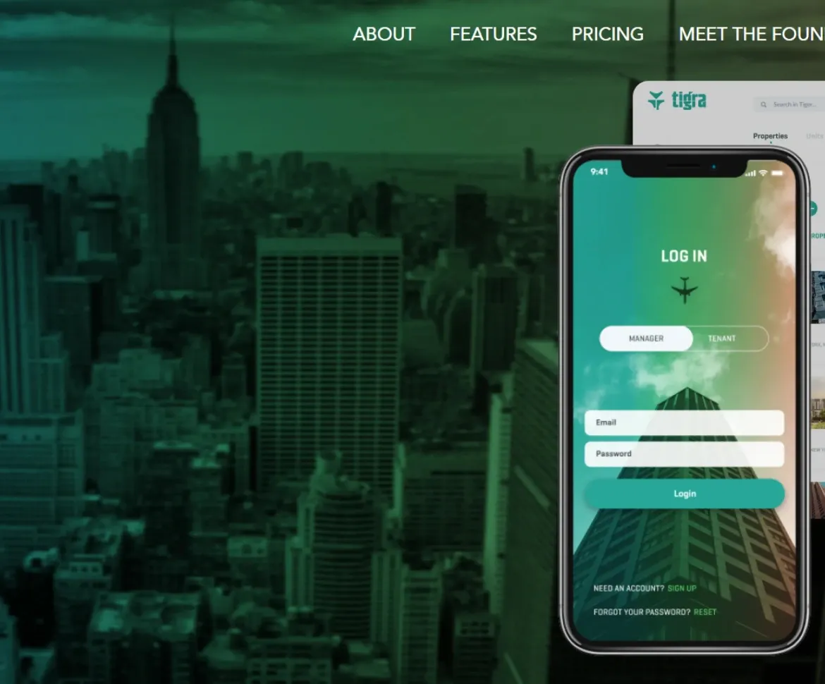 Tigra Property Management Mobile App homepage showcasing features to optimize real estate operations with login options for managers and tenants.